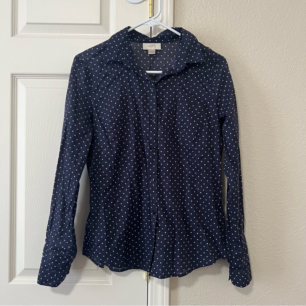 LOFT Navy Polka Dot Blouse - Small